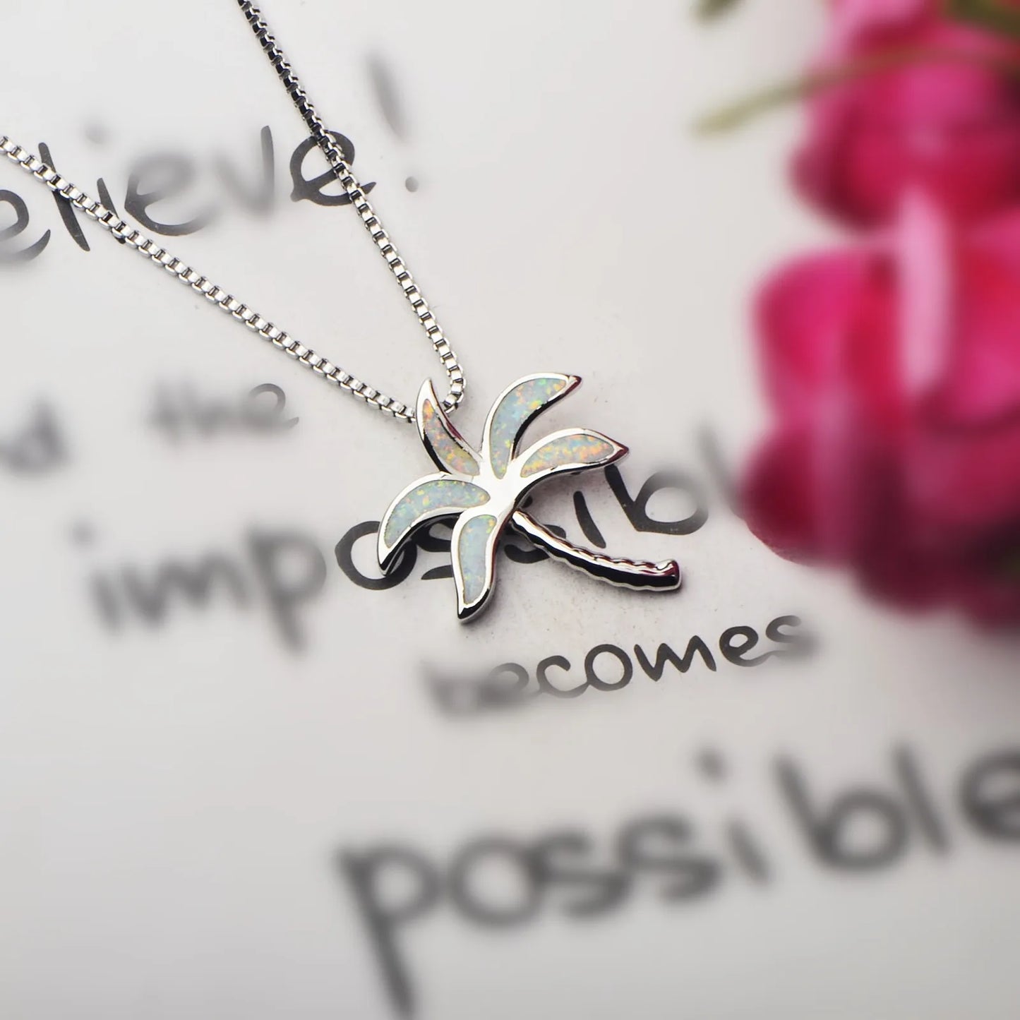Coconut Palm Silver Plated Copper Alloy Opal Lariat Necklace for Women Aobao