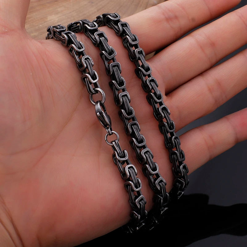 REBEL VIKING Matte Black Byzantine Chain Necklace – 316L Stainless Steel Men's Vintage Dark Chain