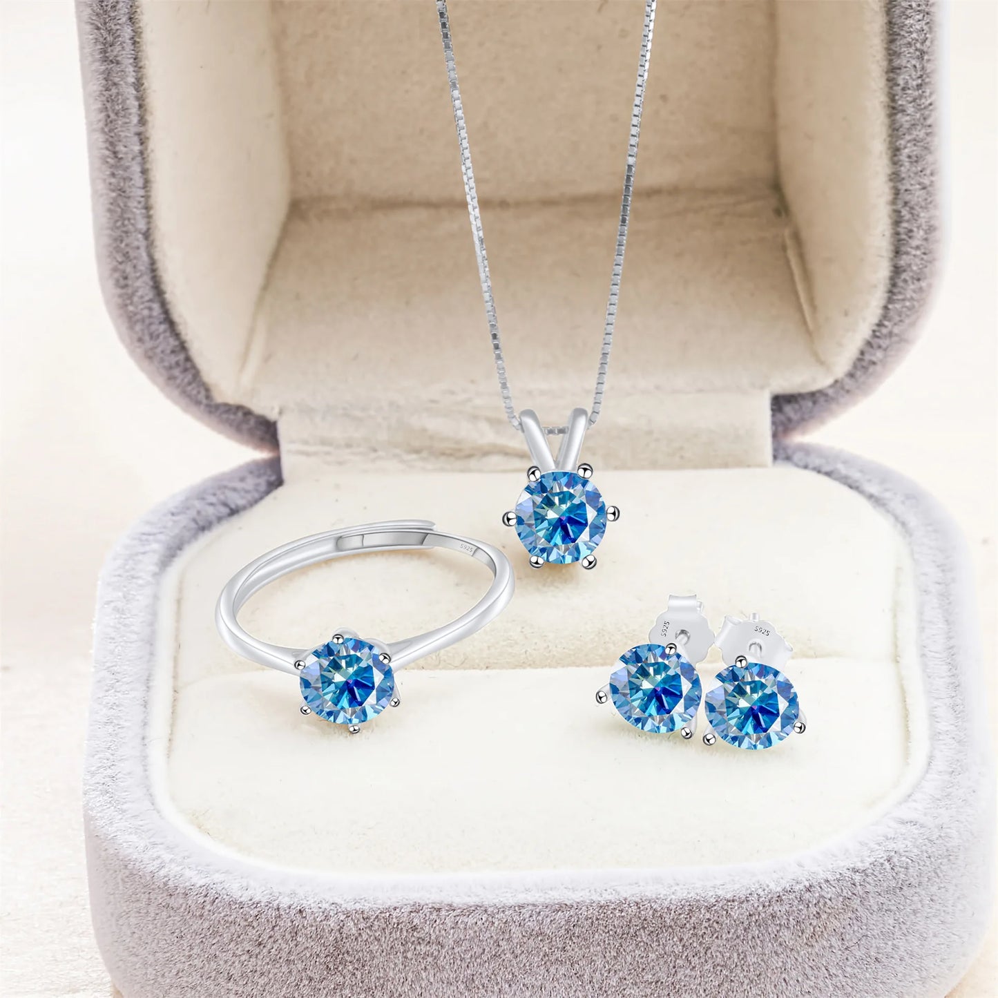 Simple D Color VVS1 GRA 1CT Round Cut Colored Moissanite Jewelry 925 Silver Wedding Ladies Necklace Earrings Ring 3 Piece Sets