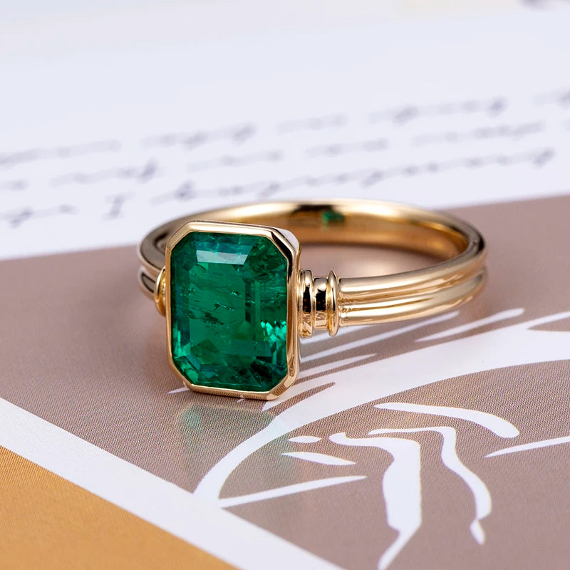 Gemfiori Messi Jewelry MSR-770 18k Yellow Gold Bezel Setting Lab Grown Emerald Engagement Ring