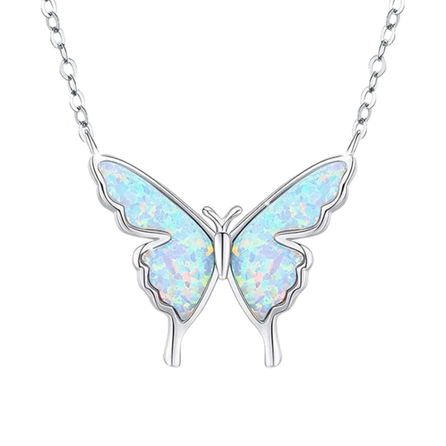 Iridescent Opal Butterfly Pendant | Silver Fashion Necklace