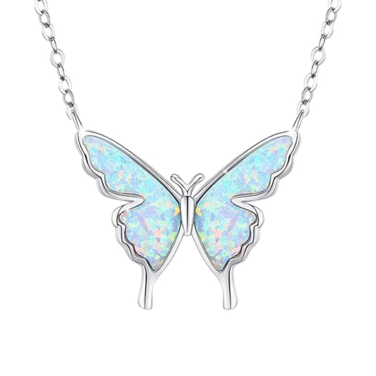 Iridescent Opal Butterfly Pendant | Silver Fashion Necklace