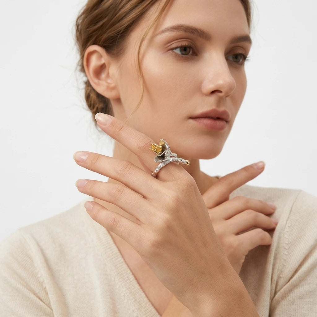 925 Silver Adjustable Open Lady Finger Rings With Two-Tone Plated Young Fashion Jewelry