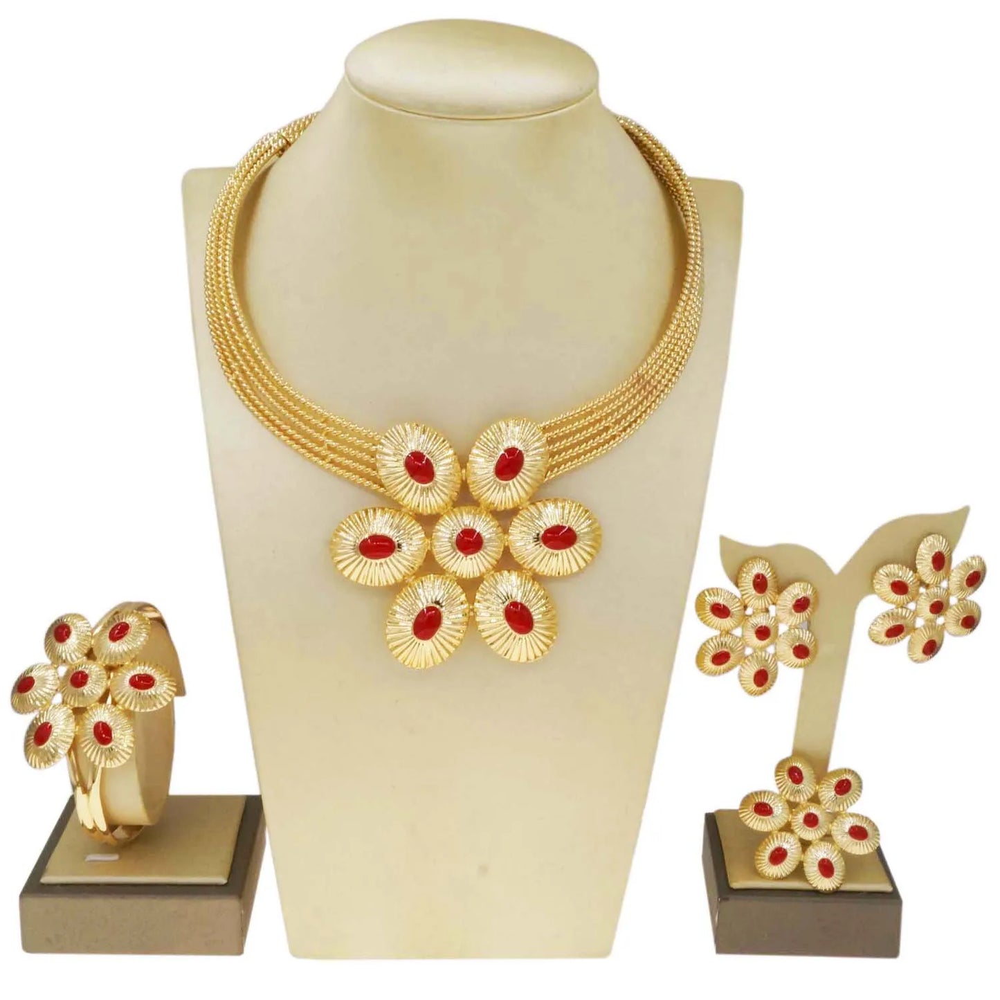 Zhuerrui Electroplated Jewelry Women's Jewelry Set Read Oval Bead NecklaceJewelry Sets Available Bridal Accessories HA20044