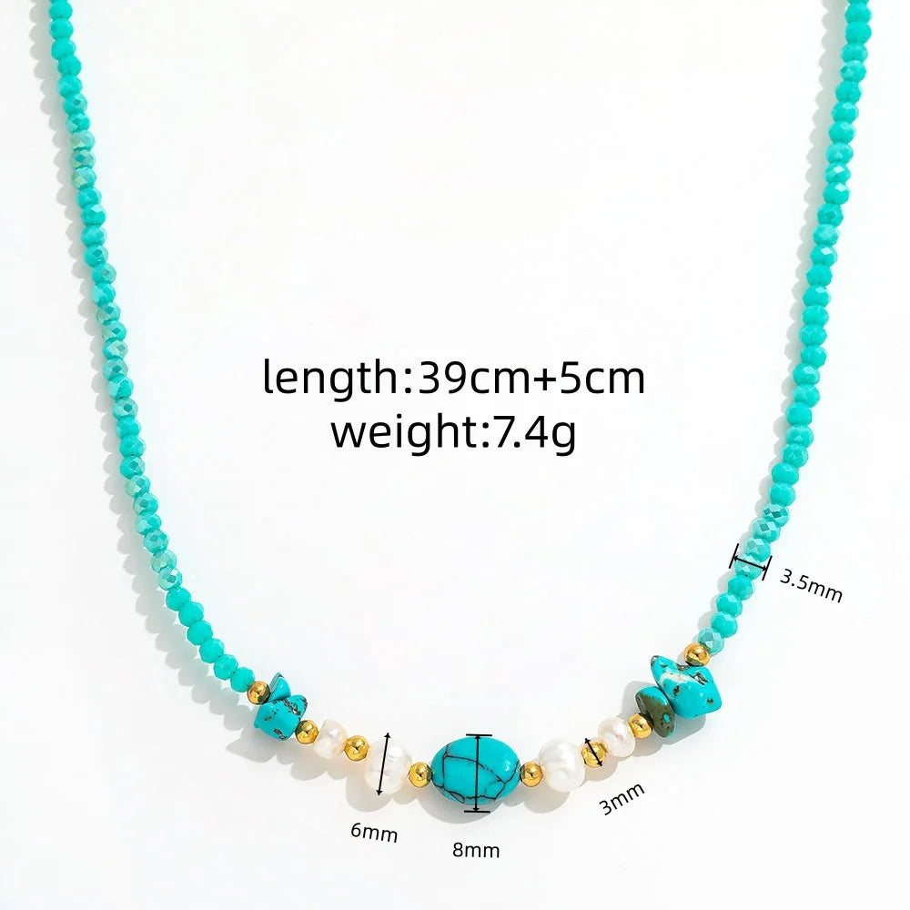 Joolim PVD Plated Wholesale Waterproof Fashion Boho Mixed Turquoise Chip & Pearl Bead Necklace Stainless Steel Jewelry