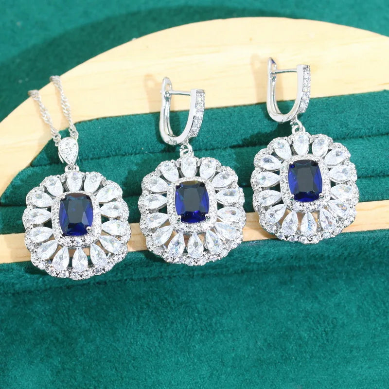 XOTICA Luxurious 925 Silver Jewelry Set for Women Blue Zircon Sapphire Earrings Necklace Pendant Ring for Wedding Birthday Gifts