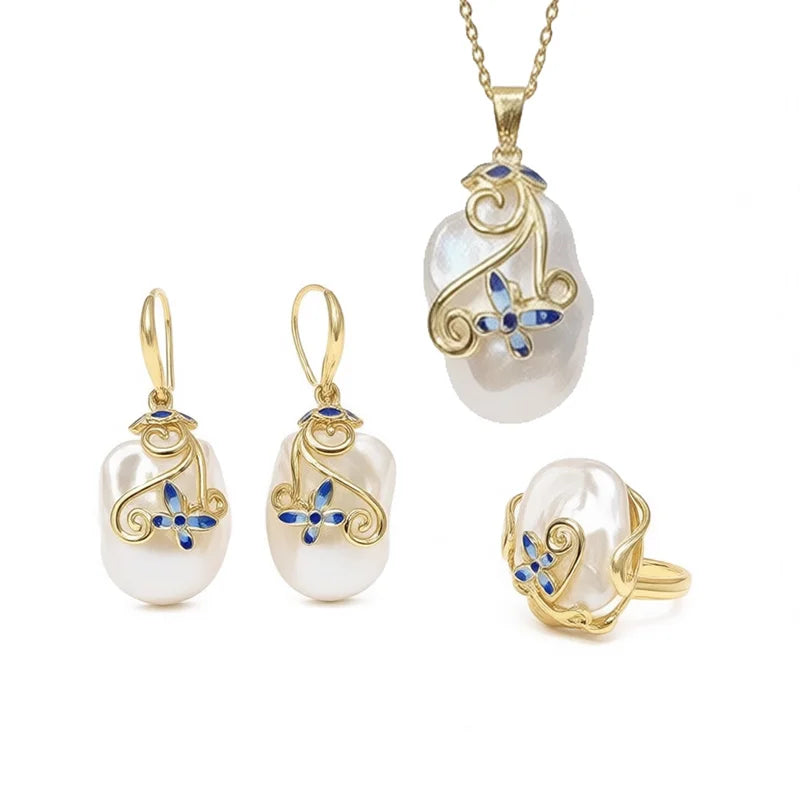 S&S Baroque Pearl Butterfly Jewellery Set – 14K Gold Filled – Necklace, Earrings & Ring – Collection