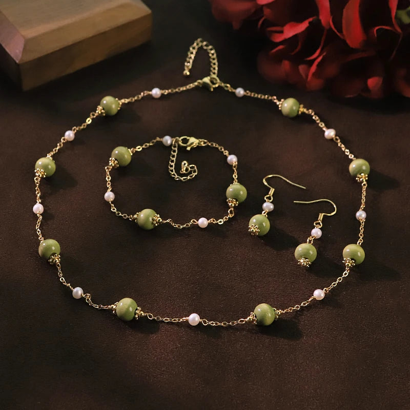 GLSEEVO Natural Freshwater Pearl & Olive Green Wood Bead 3-Piece Jewellery Set — Necklace, Bracelet & Earrings