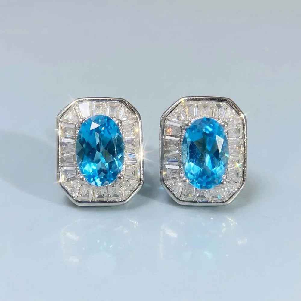 Gioiellieri Natural Swiss Blue Topaz Stud Earrings with S925 Sterling Silver for Women Classic Gemstone Jewelry Birthday Gift for Her Fine