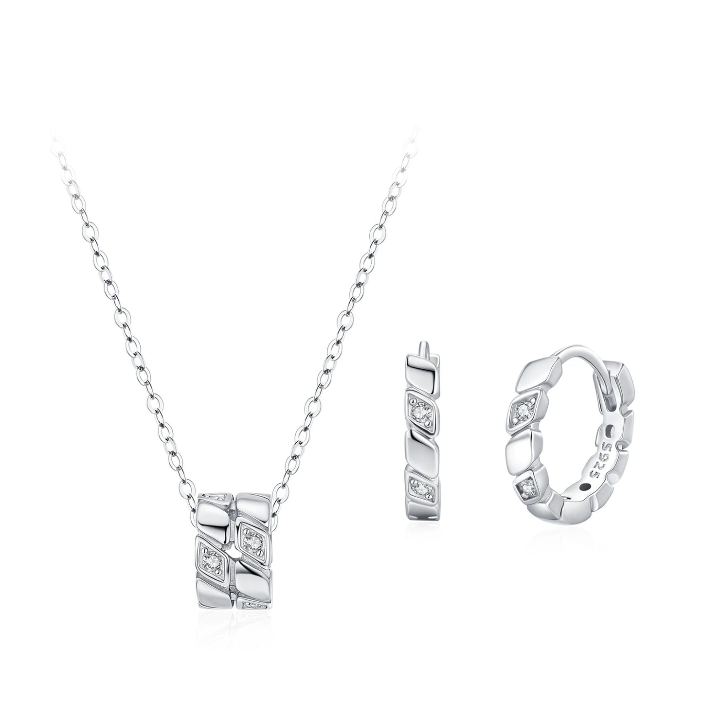 Ailmay 925 Sterling Silver Geometric Design Circle Pendant Necklace Hoop Earrings Set For Women's Holiday Or Anniversary Gift