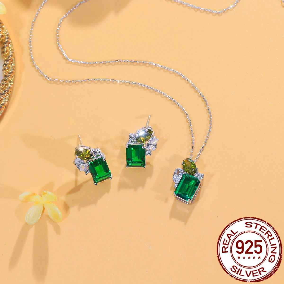 925 Sterling Silver Jewelry Set Green Baguette Cubic Zirconia Pendant Necklace Stud Earrings Jewelry Set for Women Girl Party