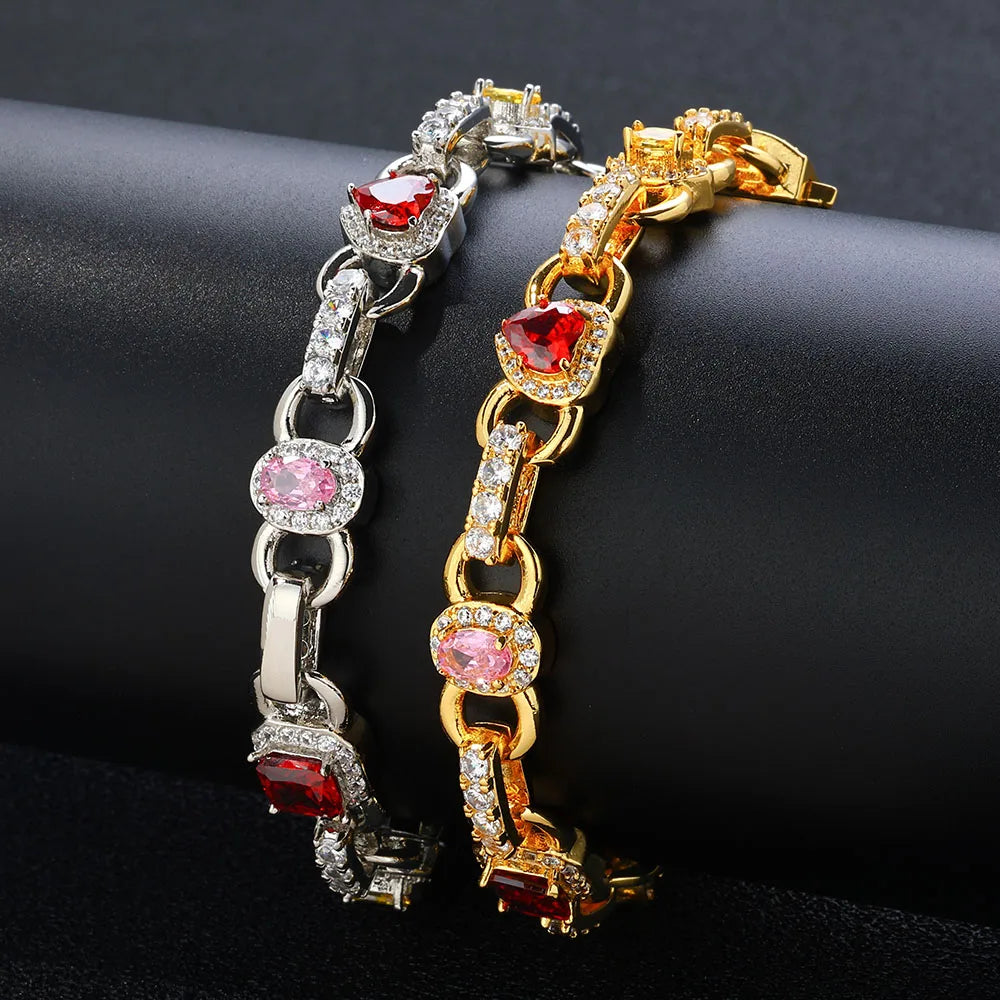 S&S NUOYA Hip Hop Jewelry 18K Gold Plated Gemstone Chain Bracelet Womens Heart Shape Red Zircon Geometric Design Link Chain for Gift