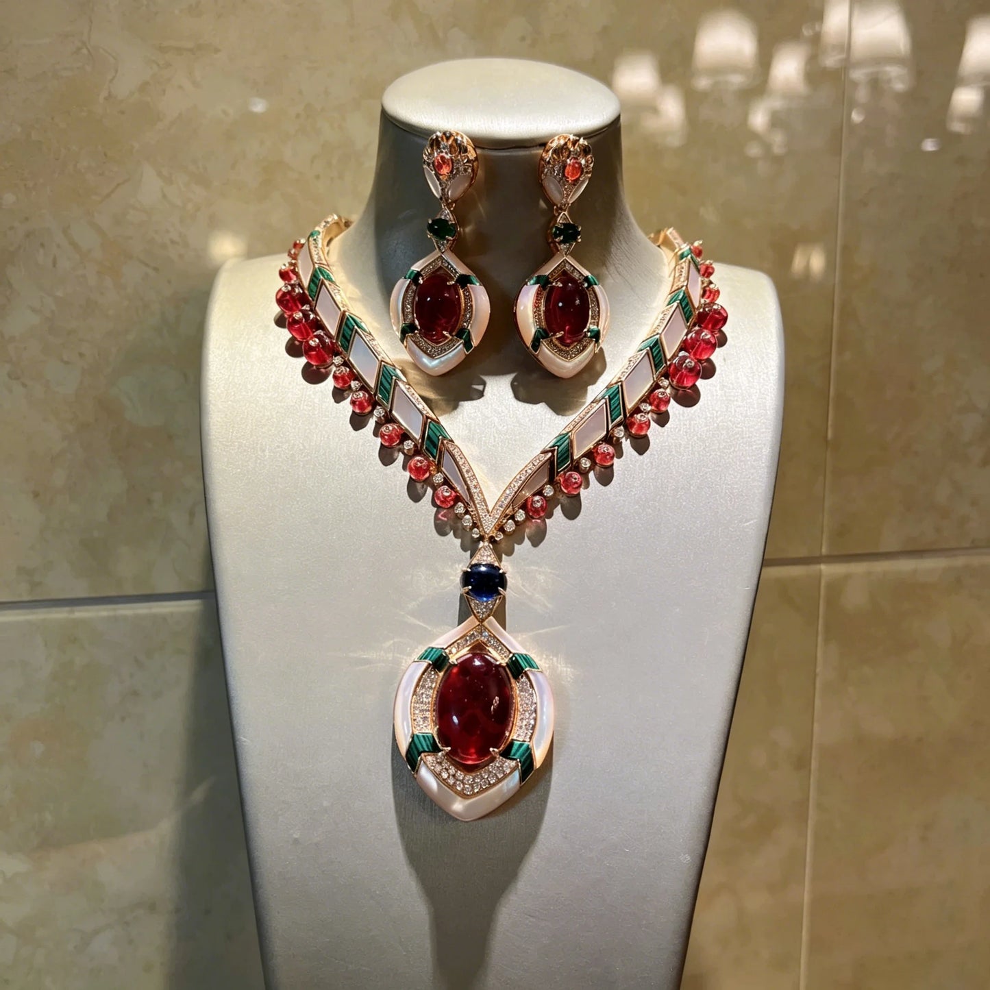 XM S427 Rose Gold Plated Marquise Cut Topaz, White Shell & Green Enamel CZ Pendant Necklace & Drop Earrings Set