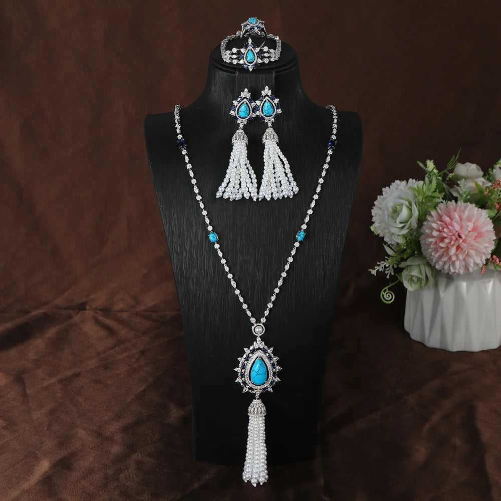 2024 Latest Fashion Long Necklace Design Dubai Saudi Arabia Jewelry Set Bridal Women Blue Turquoise Pearl Jewelry Sets