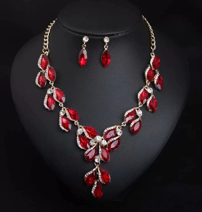 XM S392 Gold Plated Retro Gemstone Crystal Floral Necklace & Earrings Bridal Set