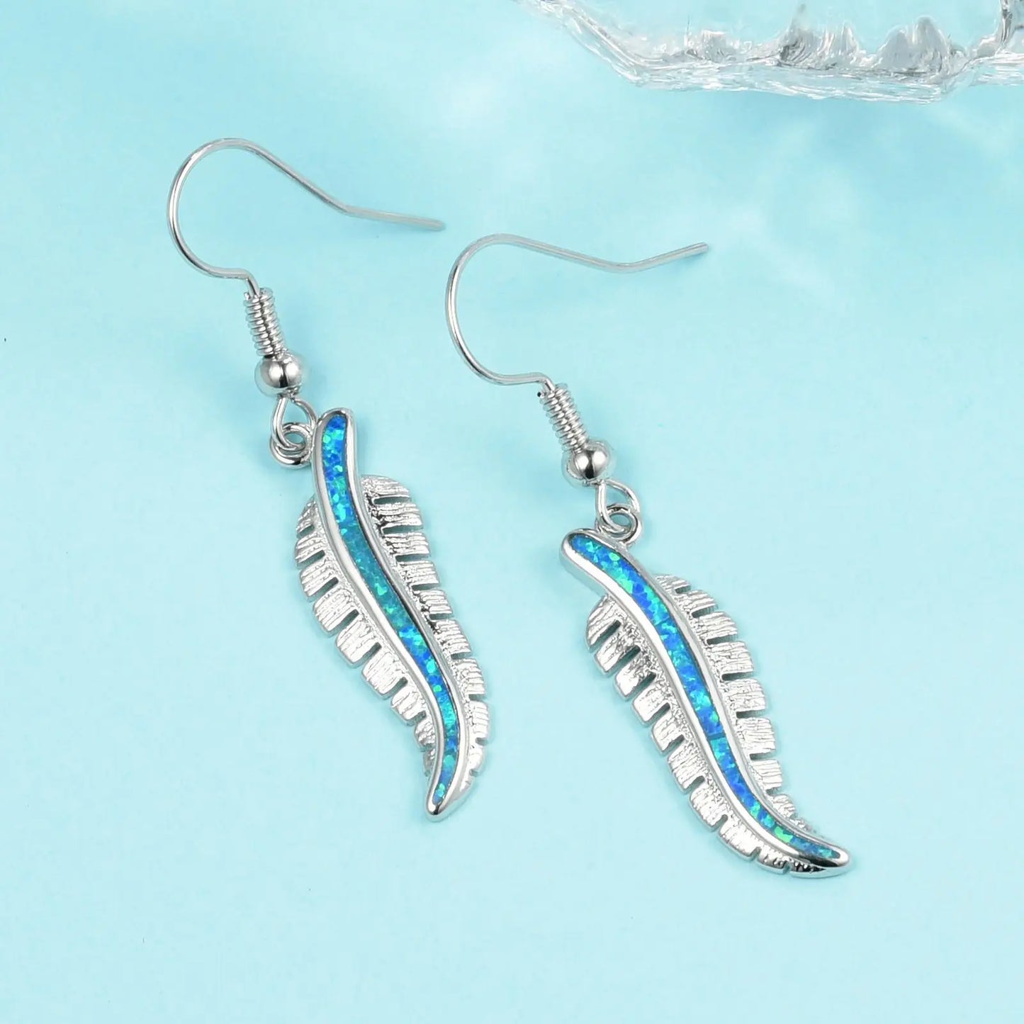 Hawaiian Ocean Style Blue Opal Feather Earrings Must Have Vacation Opal Jewelry