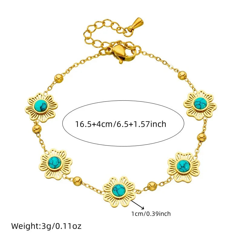 Gold Turquoise Flower Necklace, Earrings & Bracelet Jewellery Set | Boho Luxury Set