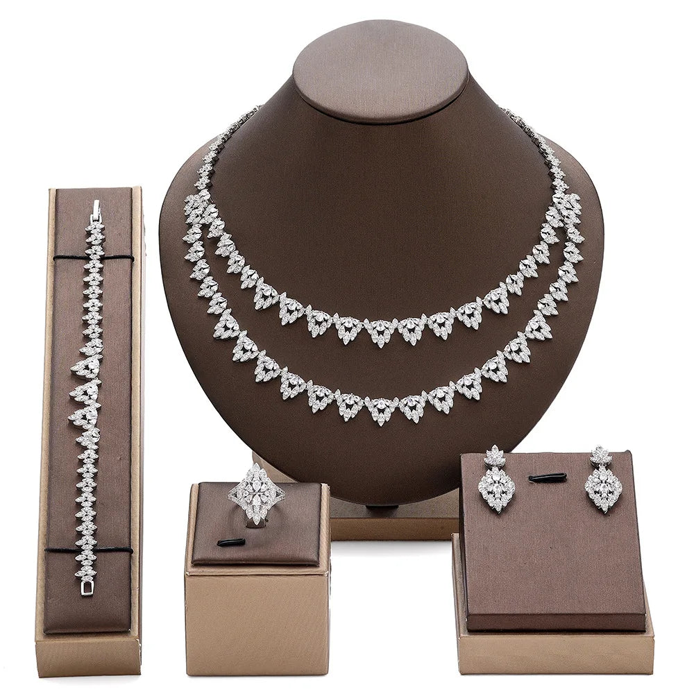Palace-Inspired Multi-Layer Water Drop Zirconia Necklace & Earrings Set — Rhodium Plated Silver