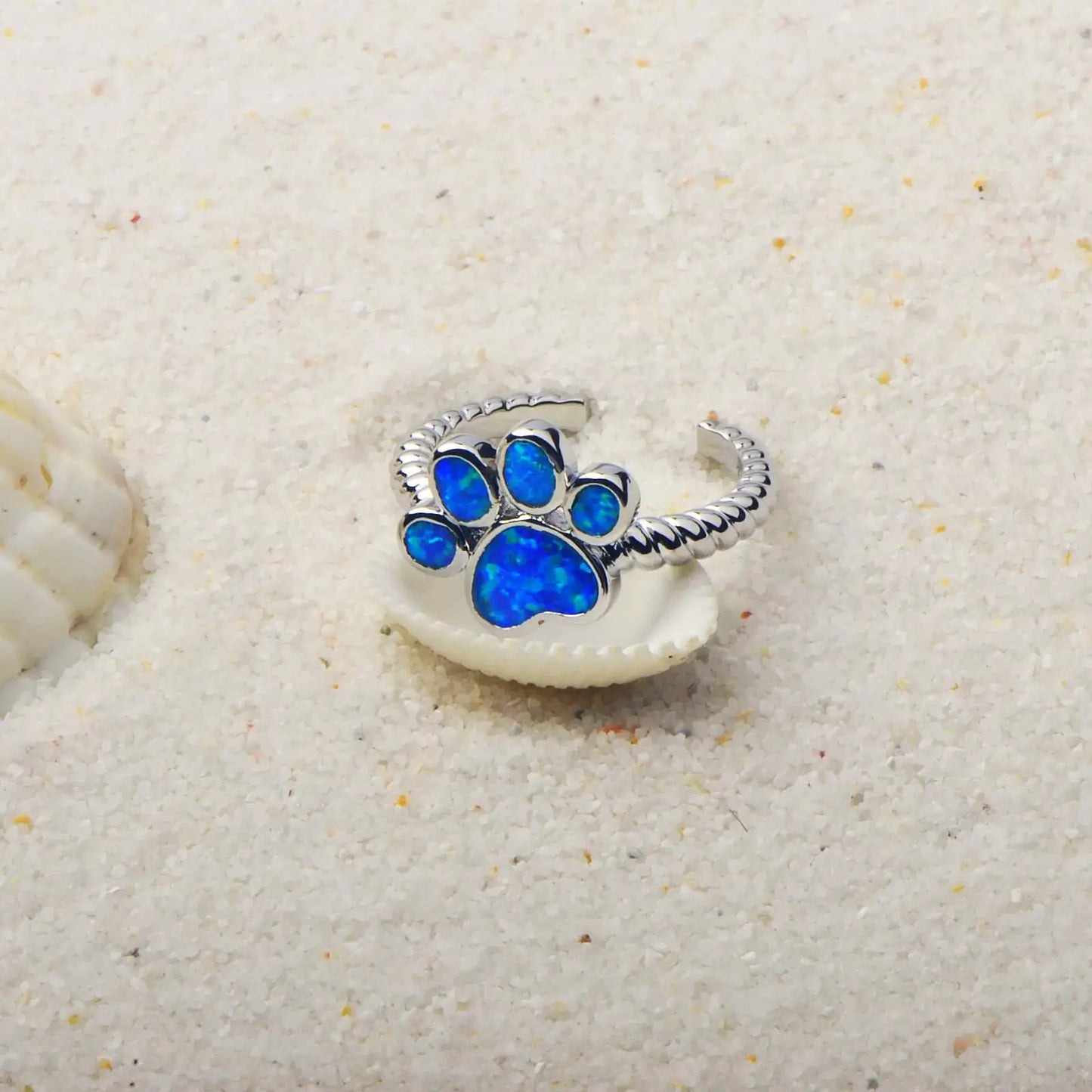Cute Paw Print Blue Opal Open Ring | Iridescent Gem Inlay  Band | Adorable Pet-Themed Jewelry for Women Trendy Style