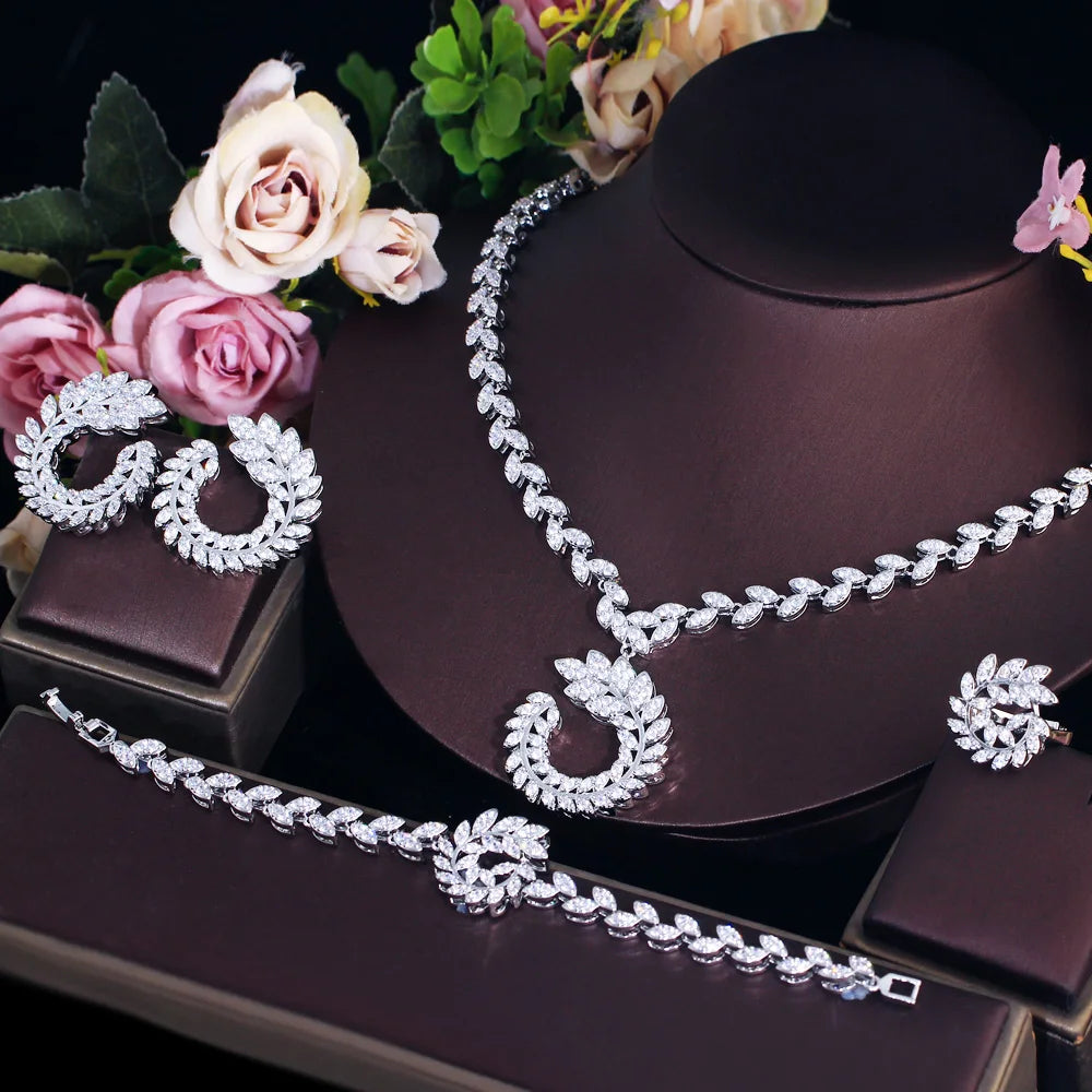 Bridals Big Olive Leaf Pendant Necklace and Earrings Jewelry Set Cubic Zirconia Bracelet Stud Earrings Ring Sets of Wedding