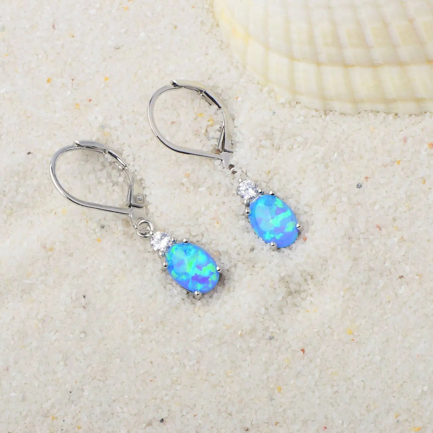 Statement Oval Opal Drop Earrings - Blue Fire Opal Solitaire & CZ Accent Design | Elegant Formal Jewelry Bulk Gifts