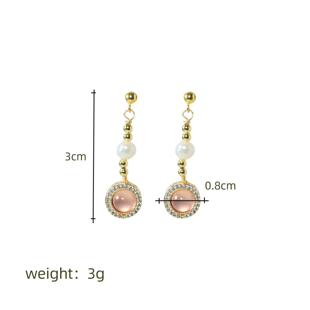 Natural Freshwater Pearl Inlaid Pink Crystal Gold Bead Earrings Korean Style Women Luxury Jewelry Fashion Ladies Gift GE1548