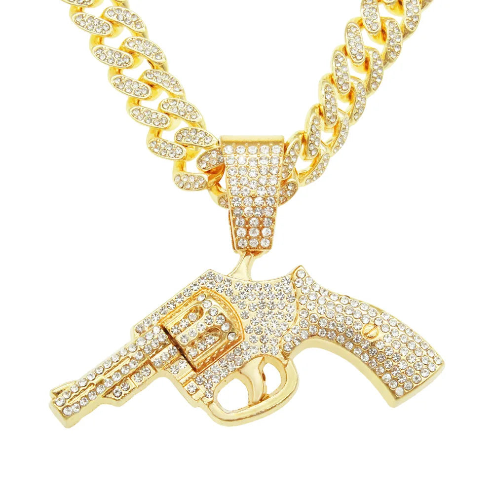 Hip Hop Jewelry 14k Gold Plated Gun Pendant Iced Out Diamond Cuban Chain Necklace for Men Fashion Jewelry