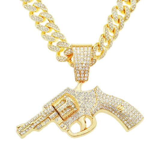 REBEL Hip Hop Jewelry 14k Gold Plated Gun Pendant Iced Out Diamond Cuban Chain Necklace for Men Fashion Jewelry