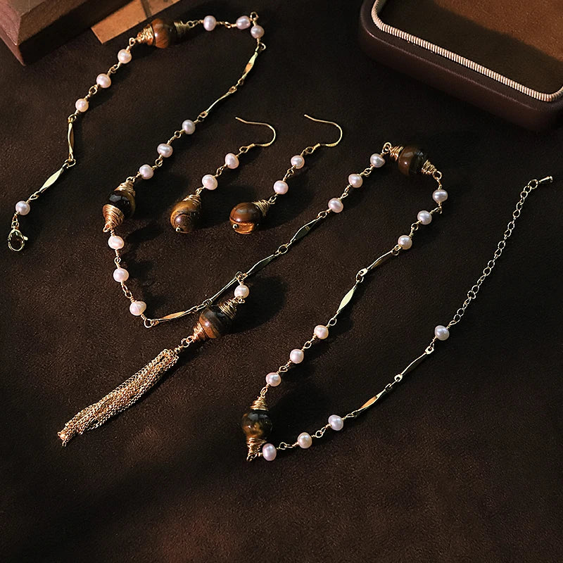 Natural Freshwater Pearl Tiger Eye Stone Earrings Necklace Set Luxurious Design Set Gift Wedding Banquet GS0216