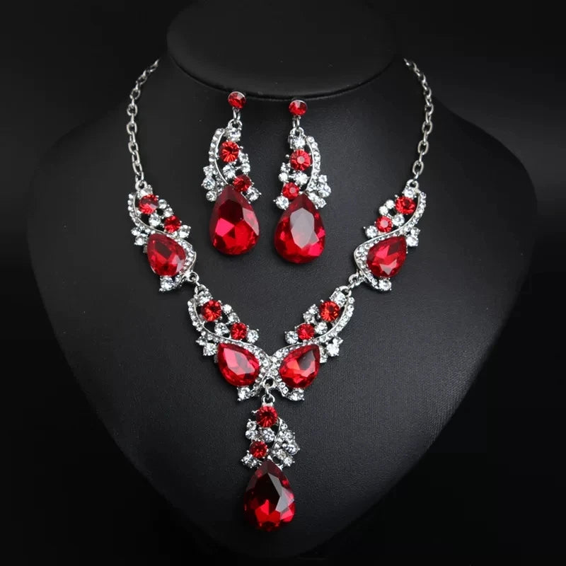 XM S368 Silver Plated Princess Cut Zircon Floral Statement Necklace & Drop Earrings Set