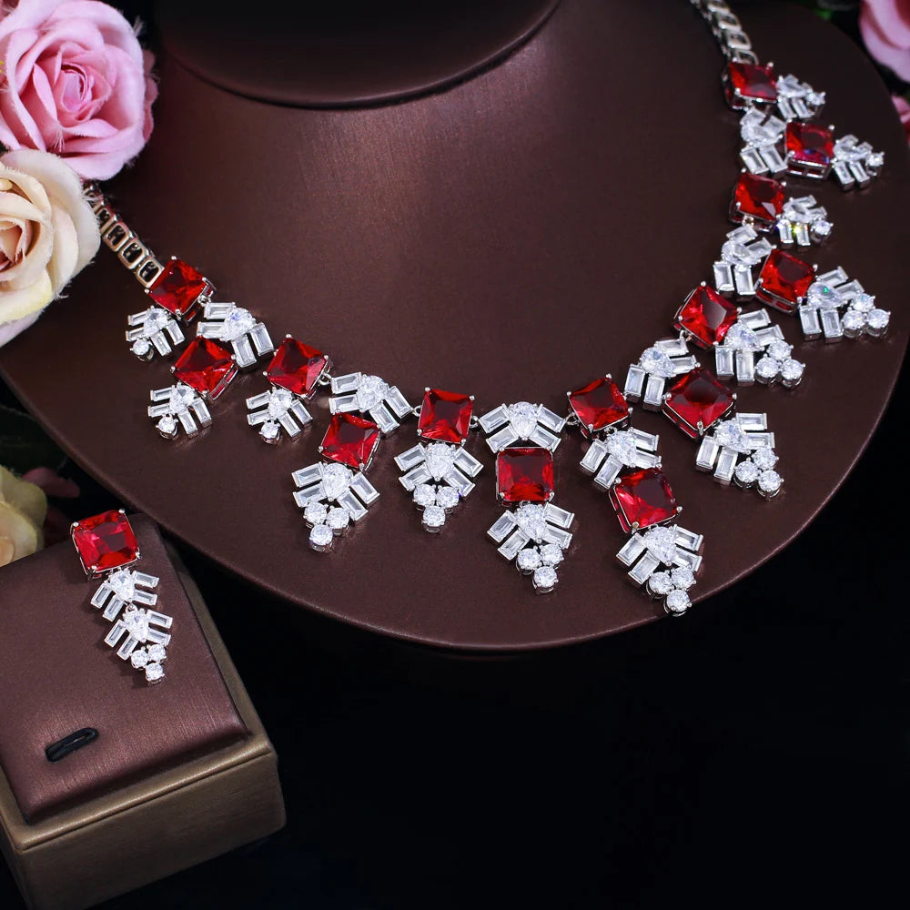Luxury Exaggerated Women Necklace and Earring Cubic Zircon Elegant Royal Red CZ Jewelry Set for Lady Evening Party