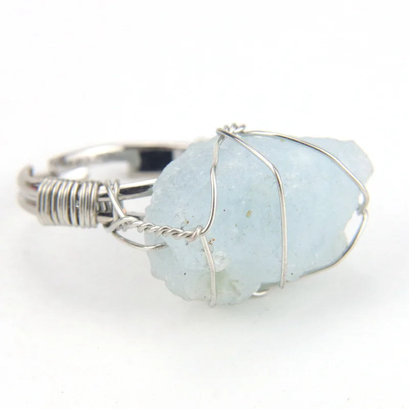 Men Women Large Stone Rings Wire Wrapped Crystal Resizable Gem Ring