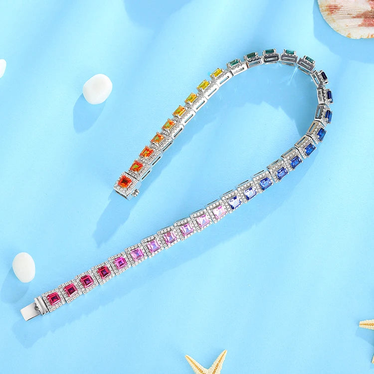 Gemfiori ANSTER Tennis Bracelet Women's 925 Sterling Silver Handmade Iridescent Color Rhodium Plated Jewelry for Parties and Gifts