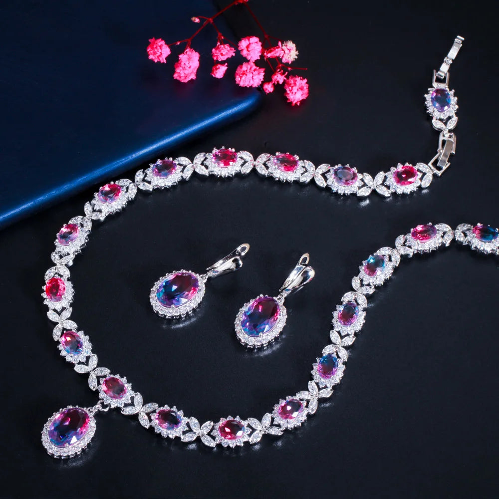 Elegant Mystical Rainbow Cubic Zirconia Crystal Oval Drop Leaf Earrings and Necklace Set for Women Evening Party Jewelry Gift