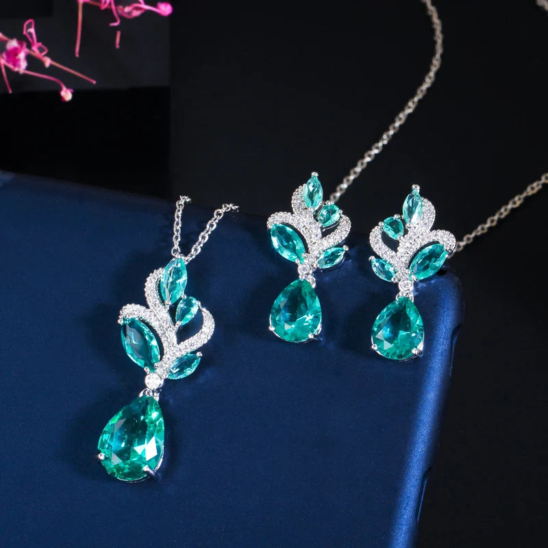 Chic Korean Style Bright Blue Waterdrop CZ Cubic Zircon Crystal Leaf Pendant Necklace Earrings Ladies Jewelry Set Gift Silver