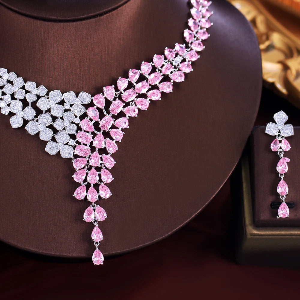 Elegant Shimmering Pink White Water Drop Cubic Zircon Long Earrings and Necklace Bridal Wedding Party Jewelry Set for Women