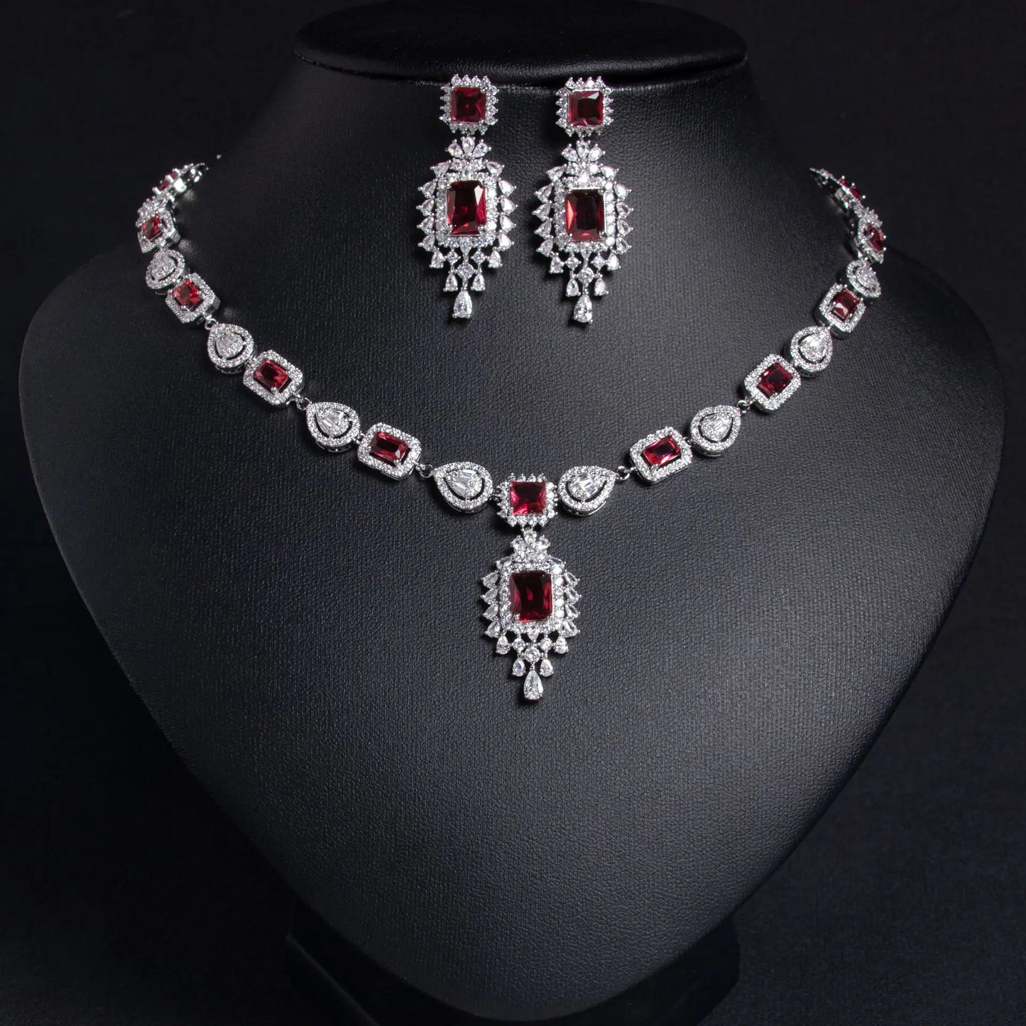 Luxury Princess-Cut Zirconia Rectangle Necklace & Earrings Bridal Set — Rhodium Plated