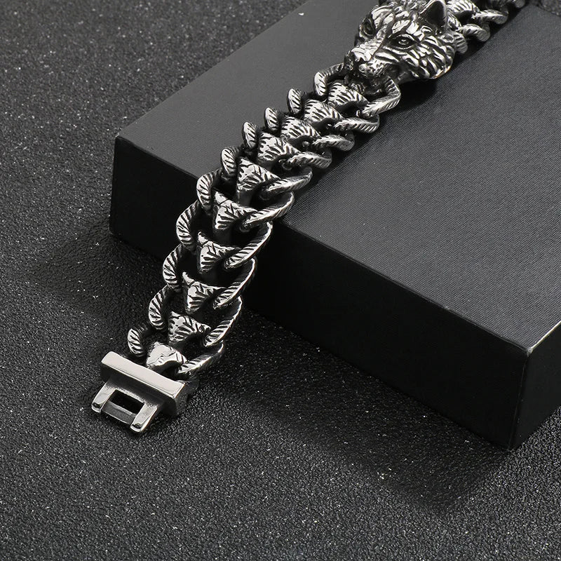 KALEN 22cm Punk Stainless Steel Bracelet Wolf Head Chain Men Bracelet