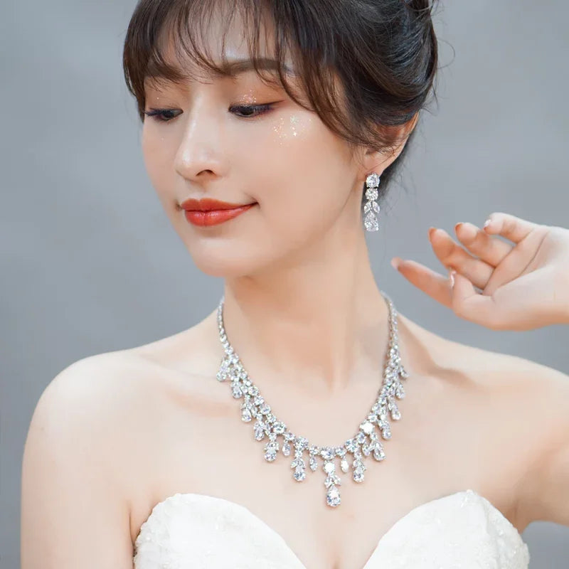 Luxury Dark Blue Women Wedding Party Dress Jewellery Big Dangle Drop Bridal CZ Necklace Earrings Jewelry Sets