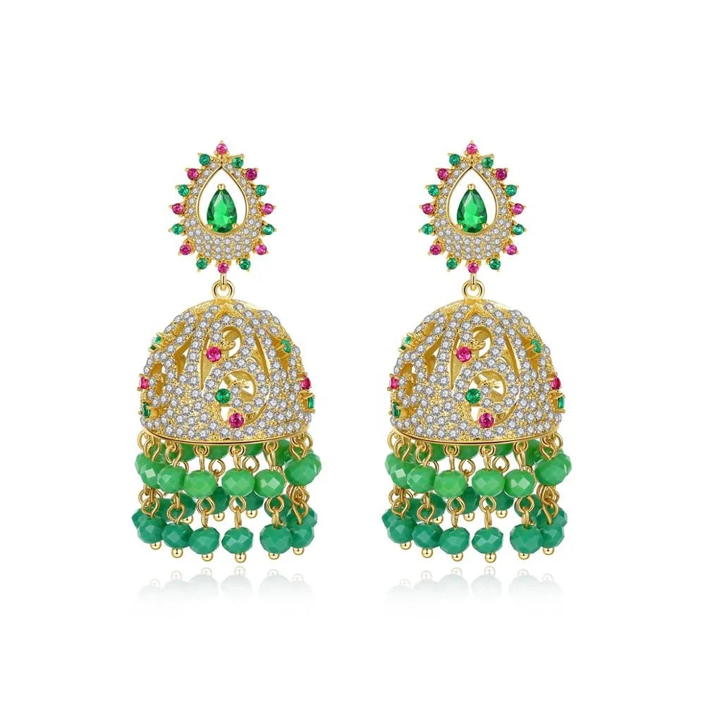 Vintage Gold Openwork Indian Jhumka Earrings Fashion Jewelry Women Party Wear Luxury Zirconia Teardrop Ear Stud Drop Earrings