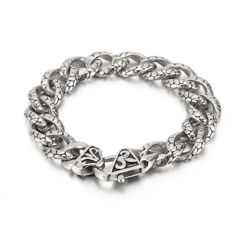 VIKING Mens Gothic Snake Skin Cuban Link Bracelet – Silver Stainless Steel