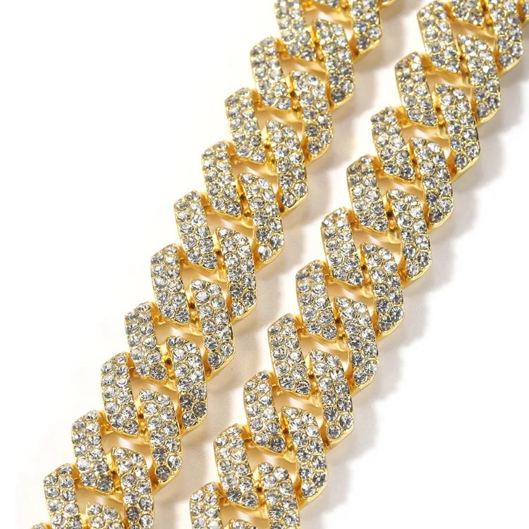 BiG-BOSS Austrian Rhinestone Quality Fashion Moon Iced Out 18mm Hip Hop Link Necklace Prong Cuban Link Chain Jewelry for Men with Clasp
