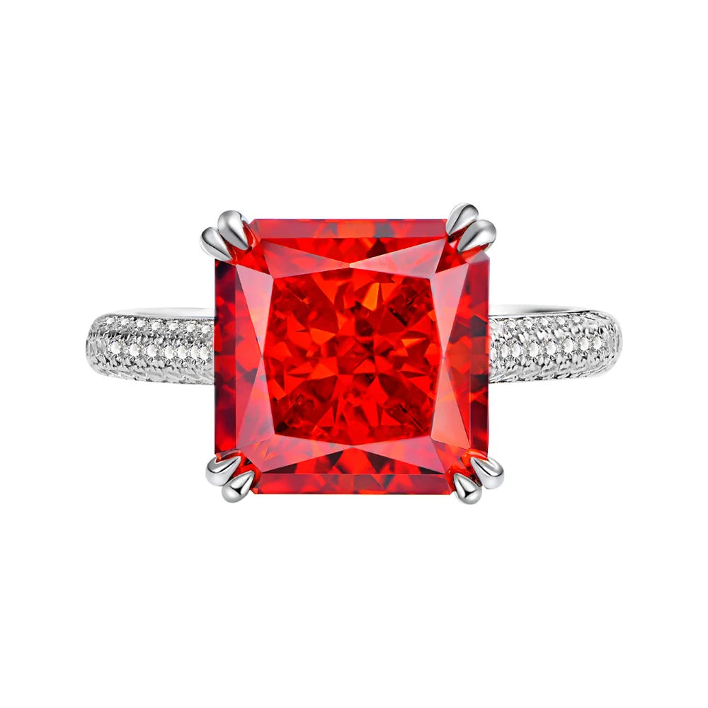 MuShan Jewelry Factory 10 Carat High Carbon Diamond Padma 10 * 10 Ruby Ring Pure Silver Redion Ice Flower Cut Diamond Ring