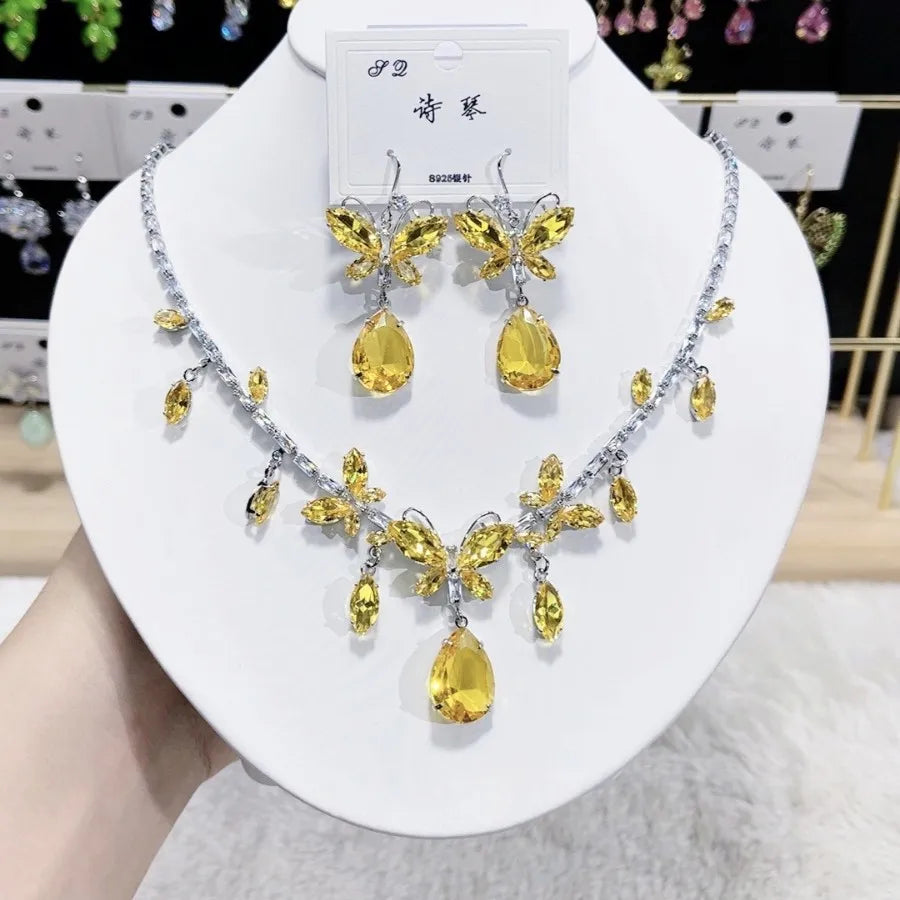 K080 Women Trendy Luxurious Yellow Zircon Butterfly Bridal Necklace Earrings Set Wedding Elegant Jewelry Set