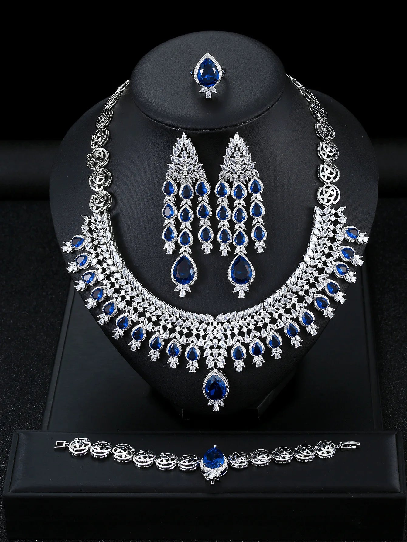 Luxury Dubai Pear-Cut Zirconia Big Tassel Bridal Jewellery Set — Necklace, Earrings, Ring & Bracelet
