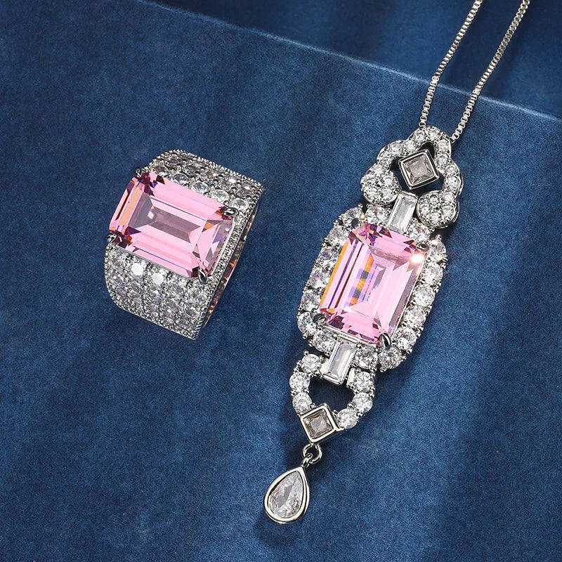 Gemfiori European and American Style High-end and Atmospheric Zircon pink Pendant Ring Set with Temperament Accessories