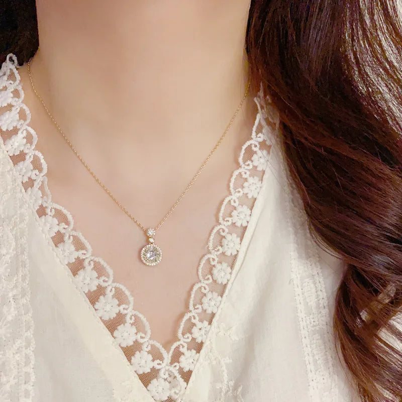 Top Quality Fashion Exquisite Copper Necklace and Earrings Set with Zircon Classic Real Gold Plated Jewelry Set for Women
