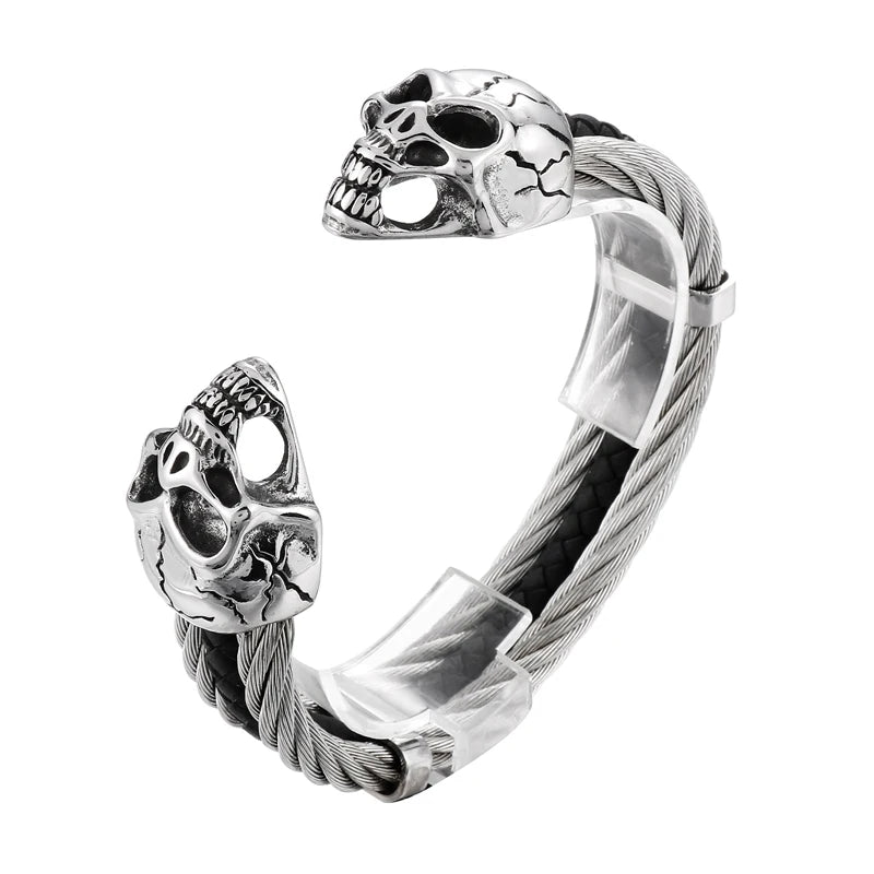 REBEL Punk Silver/Gold/Black/Grey Stainless Steel&Double Skin Skull Cuff Bangle Bracelet