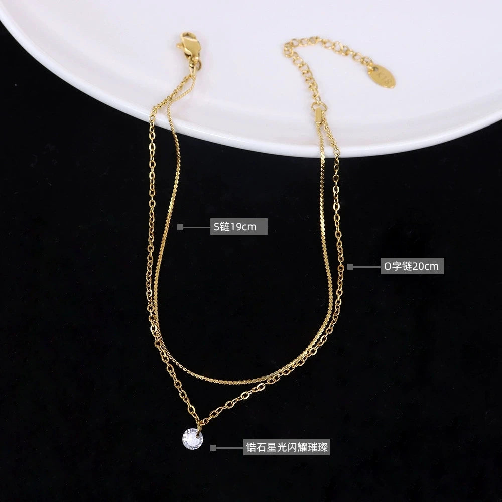 LT-S003 Light Luxury, Stylish Double-layer Minimalist Niche Anklet Inlaid with Zircon Stainless Steel and Plated with 18k Gold