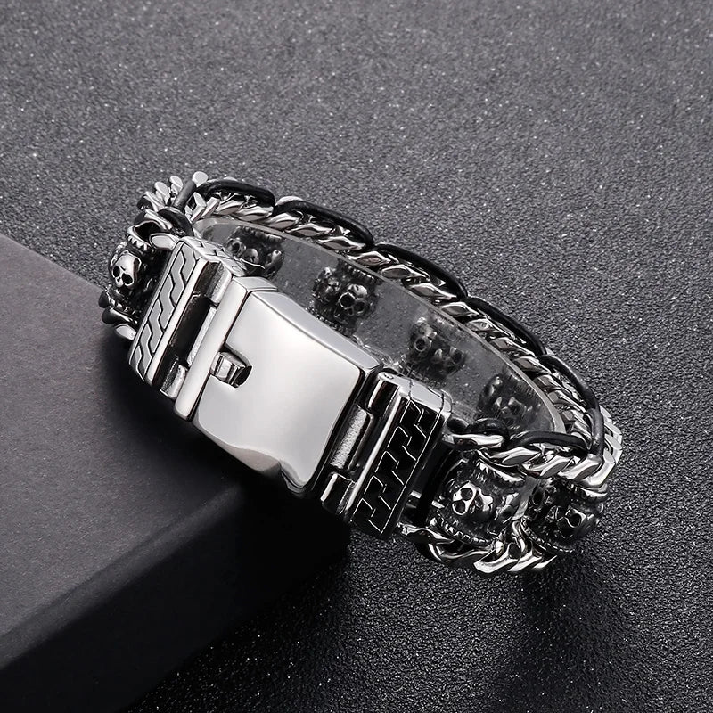VIKING Mens Punk Skull Charm Stainless Steel & Cowhide Link Bracelet – Silver